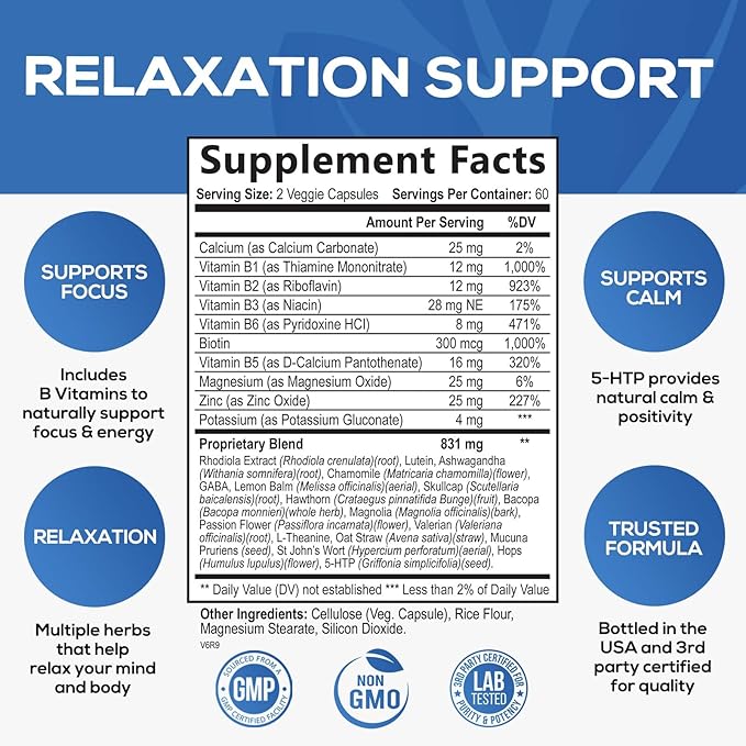 Natural Unwind, Calm, & Relax Support with Ashwagandha, GABA, Magnesium, 5-HTP, L-Theanine & B Vitamins, Natural Focus, Energy & Immune Support - Nature's Non-GMO, Vegan, Gluten Free - 120 Capsules