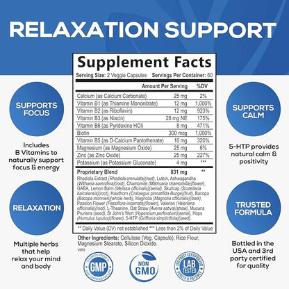 Natural Unwind, Calm, & Relax Support with Ashwagandha, GABA, Magnesium, 5-HTP, L-Theanine & B Vitamins, Natural Focus, Energy & Immune Support - Nature's Non-GMO, Vegan, Gluten Free - 120 Capsules