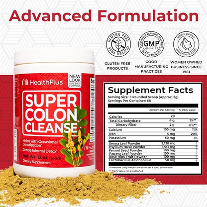 Health Plus Super Colon Cleanse, 12 oz Powder, 68 Servings - Natural Detox, Digestive Constipation Relief, Gentle Gut Cleanse with Psyllium Husk & Senna Leaf