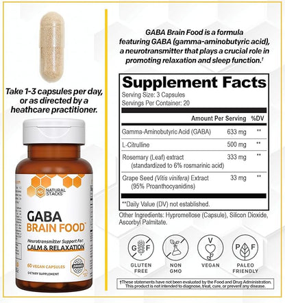 NATURAL STACKS GABA Supplement - L-Citrulline & Grape Seed Extract - Deep Relaxation and Calm - Night Time Aid - Promotes Healthy Production of GABA (Gamma-Aminobutyric Acid) - 120 Capsules