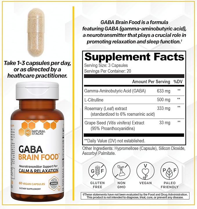 NATURAL STACKS GABA Supplement - L-Citrulline & Grape Seed Extract - Deep Relaxation and Calm - Night Time Aid - Promotes Healthy Production of GABA (Gamma-Aminobutyric Acid) - 60 Capsules