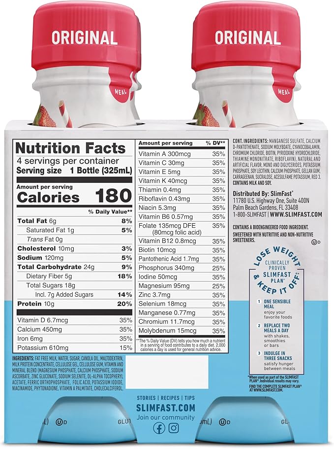 SlimFast Meal Replacement Shake, Original Strawberries & Cream, 10g of Ready to Drink Protein for Weight Loss, 11 Fl. Oz Bottle, 4 Count (Pack of 3) (Packaging May Vary)