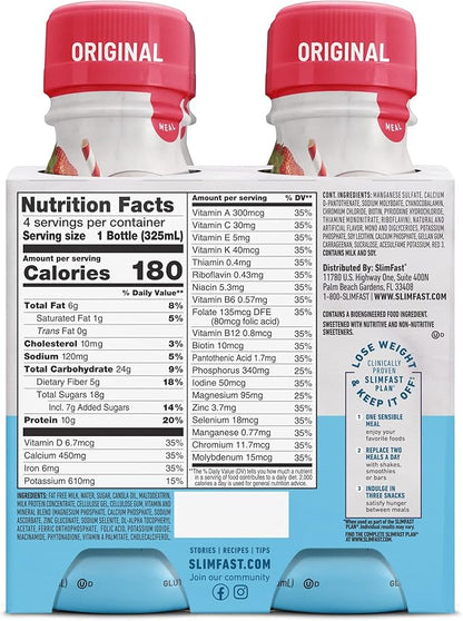 SlimFast Meal Replacement Shake, Original Strawberries & Cream, 10g of Ready to Drink Protein for Weight Loss, 11 Fl. Oz Bottle, 4 Count (Pack of 3) (Packaging May Vary)