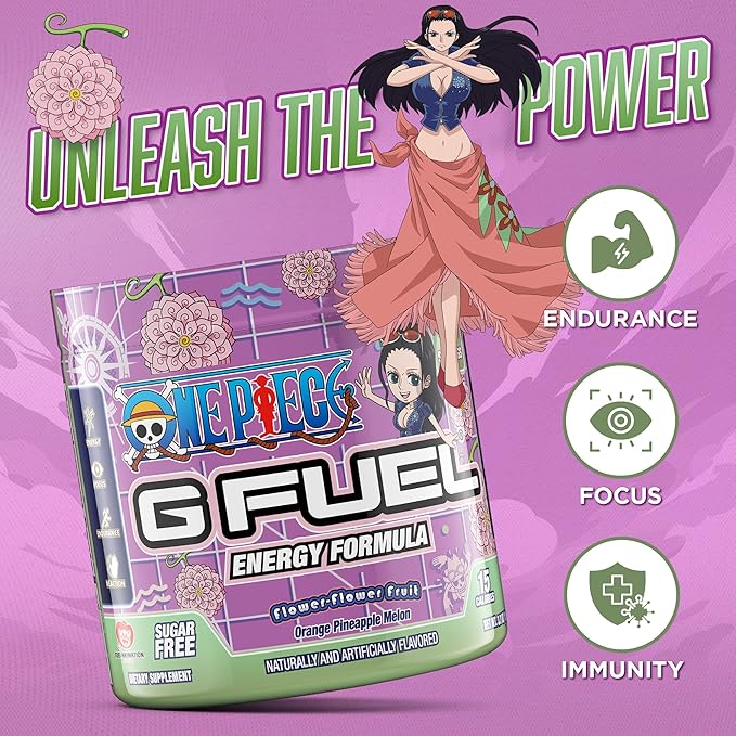 G Fuel ONE Piece Flower-Flower Energy Drink Powder, Pre Workout Caffeine Powder, Energy Powder Drink Mix for Gaming, Sugar Free Focus Amino + Antioxidants, 3.7oz (Orange Pineapple Melon, 15 Servings)