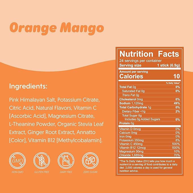 Waterboy Weekend Recovery | 3,200mg Electrolyte Powder Packets | Ginger + L-Theanine + Vitamins | No Sugar, All Natural, Gluten Free | 24 Drink Stick Mixes (Orange Mango)