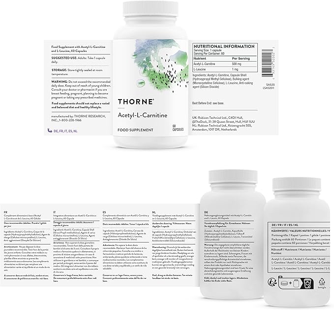 THORNE Acetyl-L-Carnitine - 500 mg - Supports Brain Function and Healthy Nerve Sensations in The Hands and Feet - Gluten-Free, Soy-Free, Dairy-Free - 60 Capsules