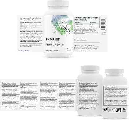 THORNE Acetyl-L-Carnitine - 500 mg - Supports Brain Function and Healthy Nerve Sensations in The Hands and Feet - Gluten-Free, Soy-Free, Dairy-Free - 60 Capsules