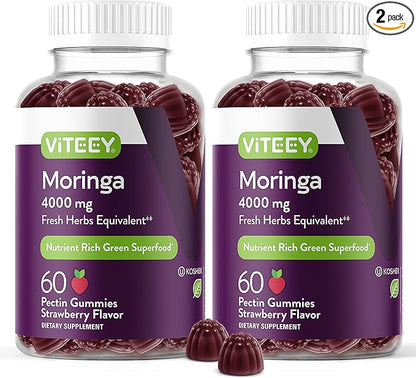 Moringa Gummies for Adults & Teens - Moringa Leaf Extract 4000mg - Immune Support, Energy Booster, Better Mood Support - Chewable Green Superfood - Vegan, Gelatin Free - Strawberry Flavored Gummy