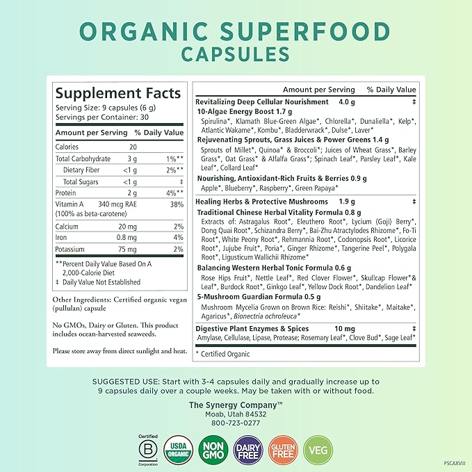 PURE SYNERGY Superfood Capsules | Organic Superfood & Greens Supplement | Whole Food Capsules with Super Greens, Spirulina, & Mushrooms | for Energy, Healthy Aging & Immune Health (270 Capsules)