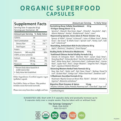PURE SYNERGY Superfood Capsules | Organic Superfood & Greens Supplement | Whole Food Capsules with Super Greens, Spirulina, & Mushrooms | for Energy, Healthy Aging & Immune Health (270 Capsules)