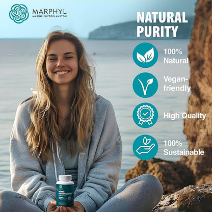 MARPHYL Marine Phytoplankton Wild Multi Species Natural Supplement - 150 mg per Capsule - Organic - 30 Vegan Capsules - from Vancouver Island, Canada