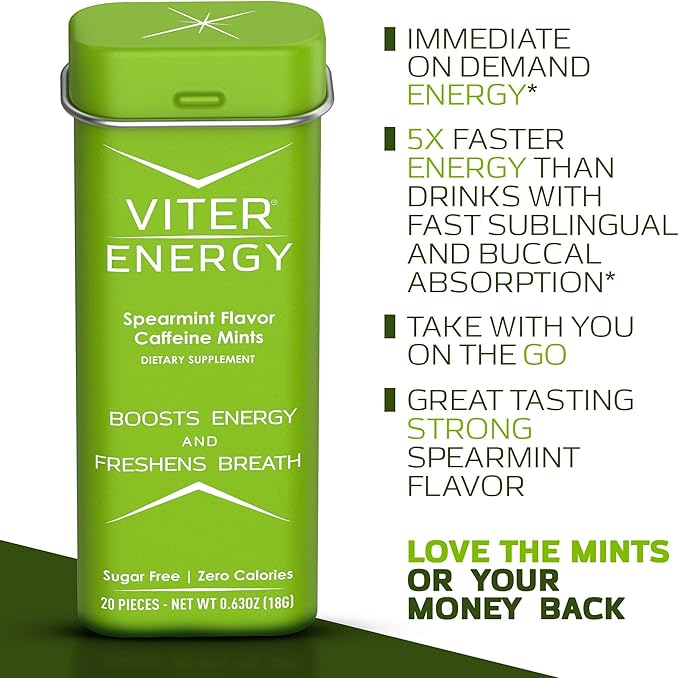 Viter Energy Caffeine Mints (120 Pieces) - 40mg Caffeine, Sugar Free, Vegan Breath Mints, B Vitamin Complex, Energy Caffeine Pills (Spearmint, 6 Pack)