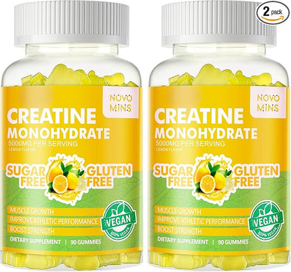 Creatine Monohydrate Gummies 5g for Men Women - Sugar Free Chewable Supplement. 180 Gummies Lemon