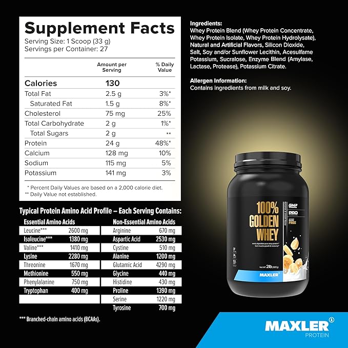 Maxler 100% Golden Whey Protein - 24g of Protein per Serving - Premium Whey Protein Powder for Pre Post Workout - Fast-Absorbing Whey Concentrate, Isolate & Hydrolysate Blend - Bananas & Cream 2 lb