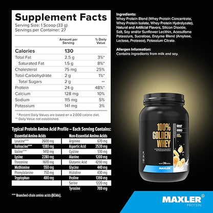 Maxler 100% Golden Whey Protein - 24g of Protein per Serving - Premium Whey Protein Powder for Pre Post Workout - Fast-Absorbing Whey Concentrate, Isolate & Hydrolysate Blend - Bananas & Cream 2 lb