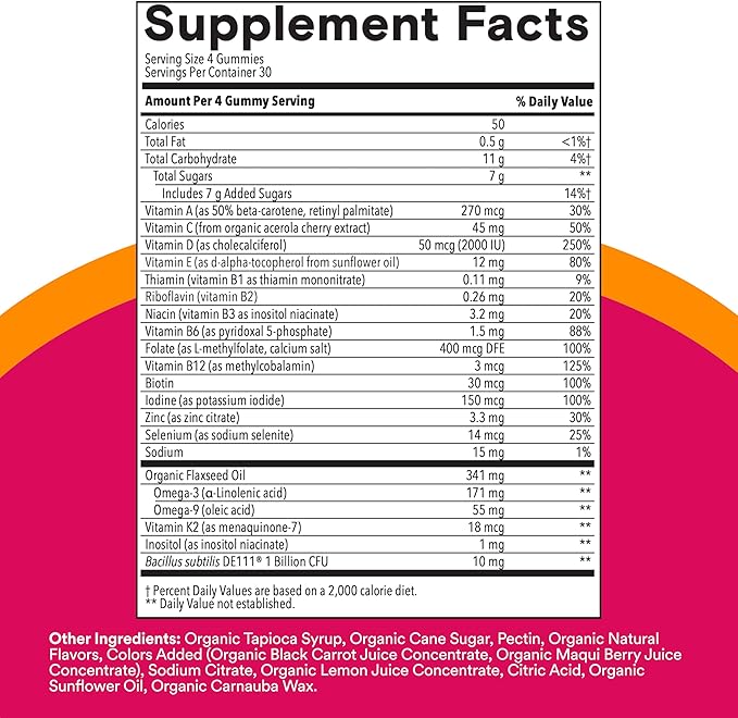 SmartyPants Organic Women's Multivitamin Gummies: Biotin, Probiotics, Methylfolate, Omega 3 (ALA), Vitamin D3, C, Vitamin B12, B6, Vitamin A, K & Zinc, Gluten Free, 120 Count (30 Day Supply)