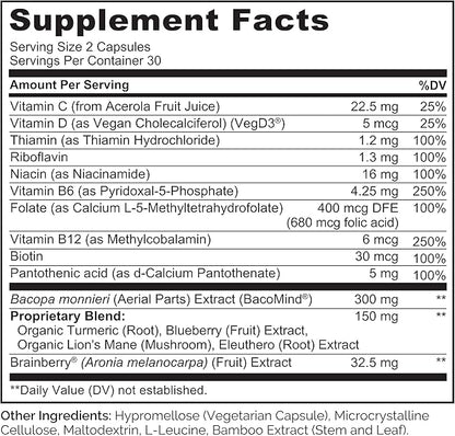 NATURELO Brain Supplement – Whole Food Brain Health Supplement for Memory and Focus Support, Enhance Brain Health Blend Supplement for Adults – 60 Vegetarian Capsules
