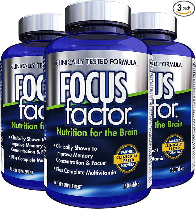 Focus Factor Nutrition for The Brain, Improved Memory & Concentration Brain Supplement, Complete Multivitamin with Vitamins B6, B12, D, Bacopa Monnieri & Tyrosine, 150 Count (Pack of 3)