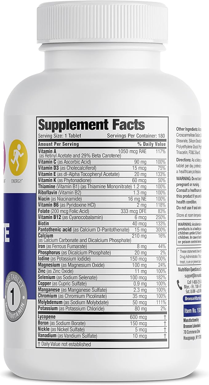 Bronson ONE Daily Men’s Complete Multivitamin Multimineral Once-Daily Multi for Active Men, 180 Tablets
