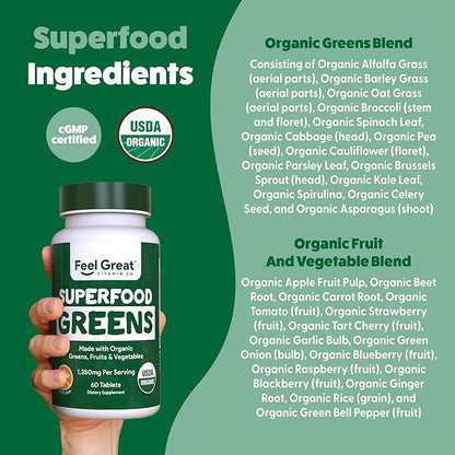 Feel Great Vitamins Super Greens Tablets | Organic Greens, Fruits and Veggies Supplement | Fruit and Veggie Supplement with Kale, Spinach Extract, Green Onion, and More, 60 Tablets