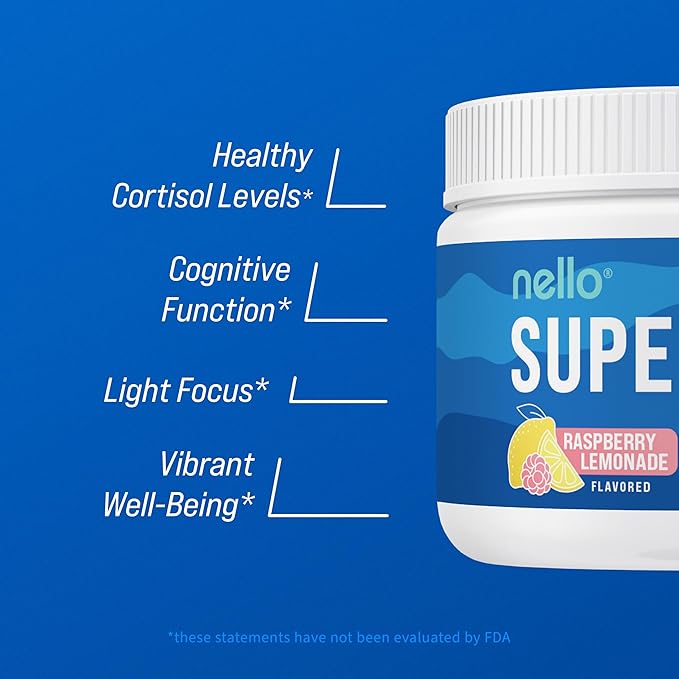 Nello Supercalm Drink Mix - Ashwagandha KSM 66, Magnesium Glycinate, L-Theanine, Vitamin D3 - Ashwagandha Root Extract, Magnesium & L-Theanine Supplement - Focus & Support (30 Servings)