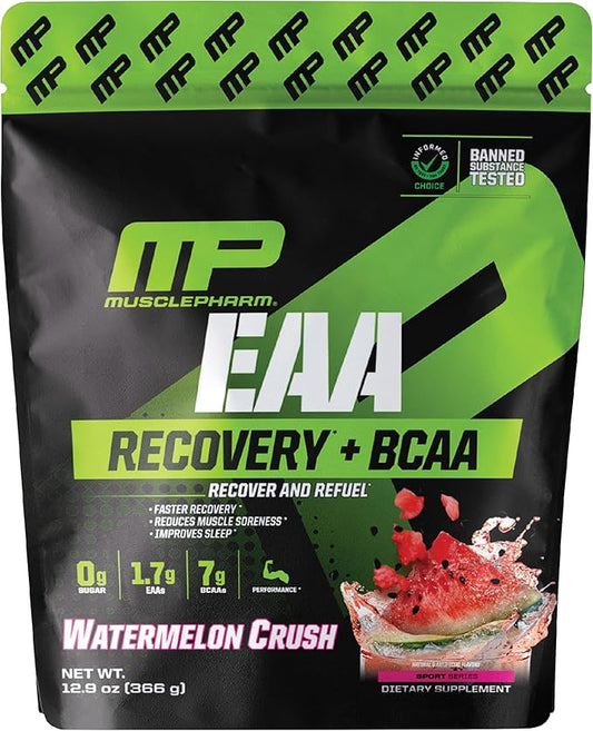 Muscle Pharm EAA Recovery + BCAAs, Post Workout Essential Amino Acids Powder, Pre Workout Energy Supplement for Men & Women with Branched Chain Amino Acids, 30 Servings (Watermelon Crush)