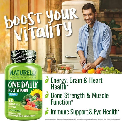 NATURELO One Daily Multivitamin for Men - with Vitamins & Minerals + Organic Whole Foods - Supplement to Boost Energy, General Health - Non-GMO - 60 Capsules - 2 Month Supply