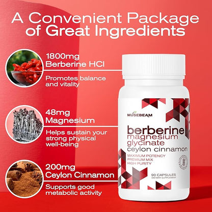 Berberine HCL Magnesium Glycinate Supplement - 1800mg High Purity Capsules with Ceylon Cinnamon - Vegan Friendly Non-GMO Gluten-Free Sugar Free Pill for Men Women