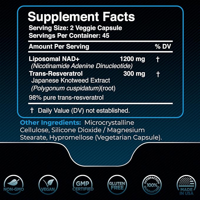 NAD Supplement, 1500mg - Liposomal NAD+ Supplement with Resveratrol, Nad Plus Boosting Supplement - Support Cellular Health, Stamina & Healthy Aging - Ultra Strength Capsules, USA Made