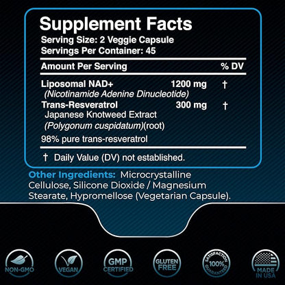 NAD Supplement, 1500mg - Liposomal NAD+ Supplement with Resveratrol, Nad Plus Boosting Supplement - Support Cellular Health, Stamina & Healthy Aging - Ultra Strength Capsules, USA Made