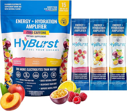 Energy + Hydration Amplifier - Multivitamin Electrolyte Powder Packets with Vitamins D3 K2 & B6 B12 | L-Theanine, Cane Sugar, Caffeine Free Energy Drink Powder | Variety Pack, 15 Pack