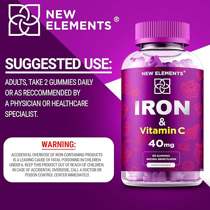 Iron Supplement for Women & Men with Vitamin C, Iron Gummies for Adults 40mg Iron and 100mg Vitamin C, Free Blood Builder for Anemia, Natural Grape Flavor, 30 Day Supply