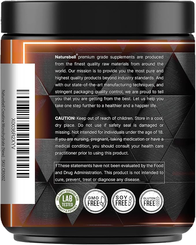 NatureBell Creatine Monohydrate Powder 500 Grams, 5000mg Per Serving, Pure Unflavored Creatine Powder - Micronized - Pre Workout | Keto | Vegan | Dissolves Easy | Filler Free - 100 Servings (1.1Lb)