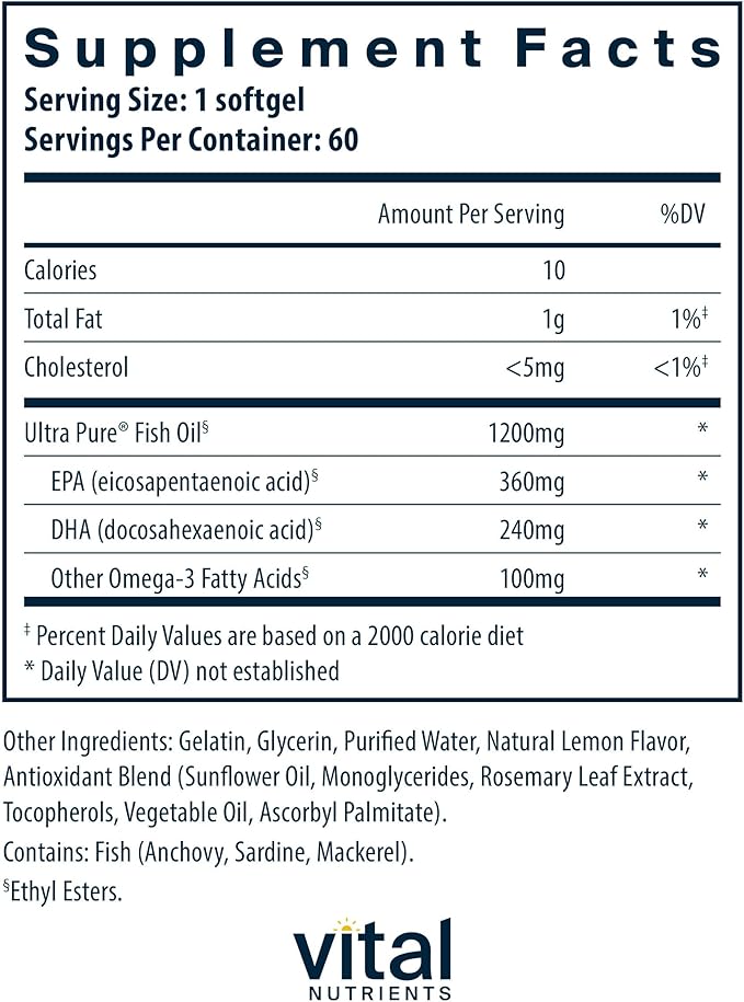 Vital Nutrients Ultra Pure® Fish Oil 700 | Supports Heart, Brain, and Joint Health* | Sustainably Sourced High EPA & DHA Omega-3 Fatty Acid | Lemon Flavor | Gluten, Dairy & Soy Free | 60 Softgels
