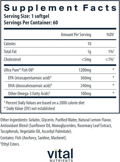 Vital Nutrients Ultra Pure® Fish Oil 700 | Supports Heart, Brain, and Joint Health* | Sustainably Sourced High EPA & DHA Omega-3 Fatty Acid | Lemon Flavor | Gluten, Dairy & Soy Free | 60 Softgels