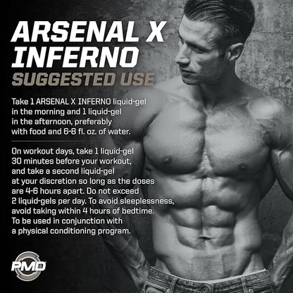 PMD Sports Arsenal X Inferno Superior Fast-Acting Liquid Gel Thermogenic Dietary Supplement - Fat Burner and Muscle Maintenance - Increase Metabolism and Energy Booster - 120 Liquid Gels