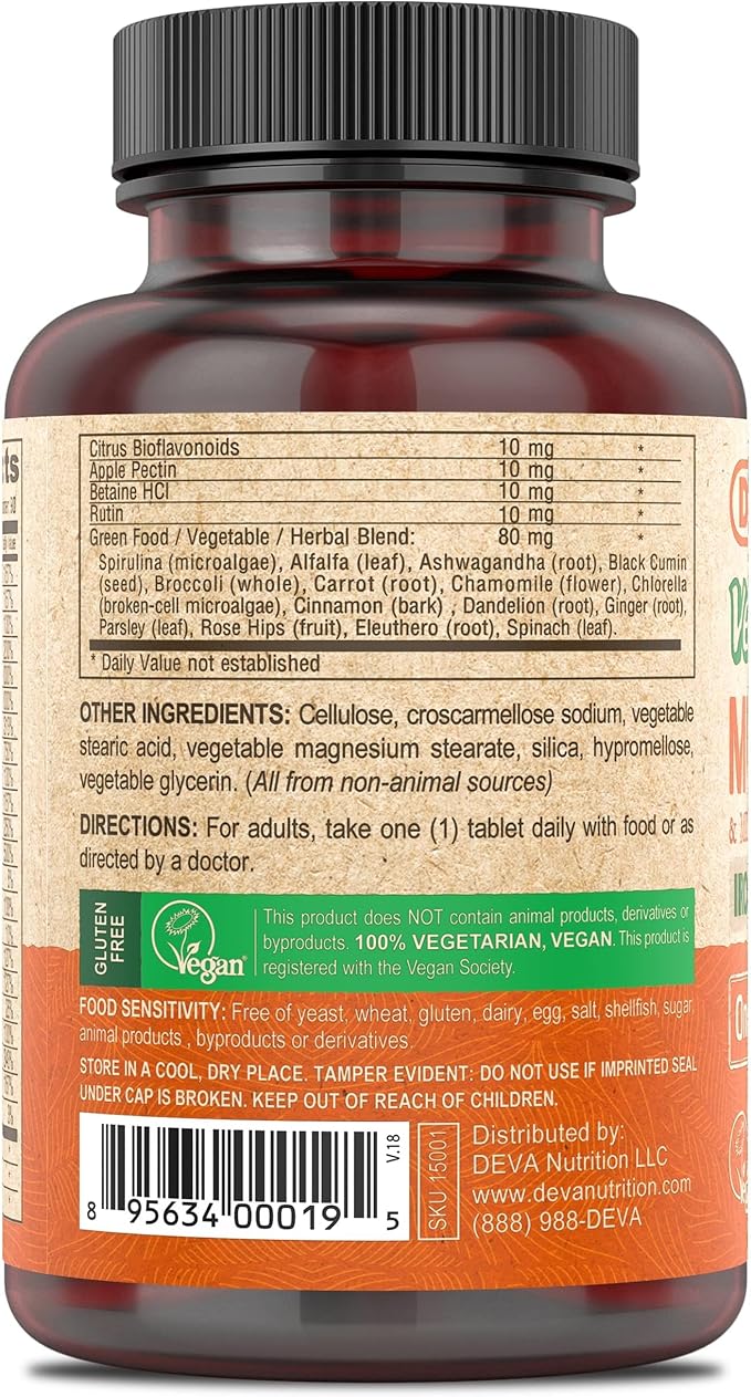 DEVA Vegan Multivitamin and Mineral Supplement - One Daily Vitamin Formula with Greens - Iron Free - 90 Coated Tablets (Pack of 2)