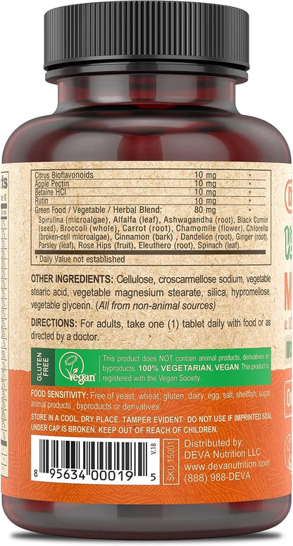 DEVA Vegan Multivitamin and Mineral Supplement - One Daily Vitamin Formula with Greens - Iron Free - 90 Coated Tablets (Pack of 2)