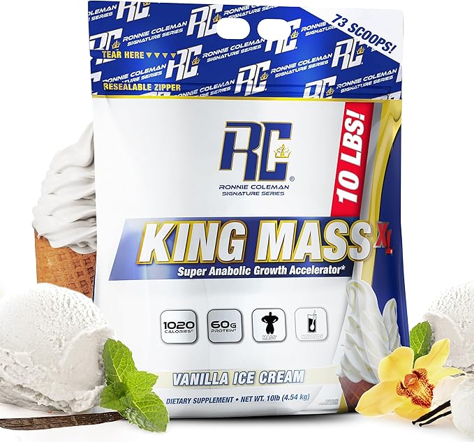 Ronnie Coleman Signature Series King Mass XL Mass Gainer Protein Powder, Muscle Gainer, 60g Protein, 180g Carbohydrates, 1,000+ Calories, Creatine and Glutamine, Vanilla Ice Cream, 10 Pound