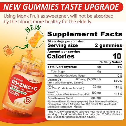 Sugar Free Vitamin C + D3 + Zinc Gummies for Adults 50 +, 9 in 1 Immune Defense Supplement with D3 5000IU, Elderberry, Echinacea, Mullein Leaf for Boost Immunity, Power Antioxidant, Vegan (Pack of 2)