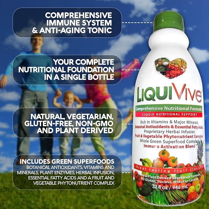 LiquiVive Liquid Vitamins Mega Nutrition | Vegetarian Daily Multivitamin Balance Immune Support Booster Superfood of Nature | Vitamin C D3 A B12 E K | 99.9% Vegan Non-GMO Gluten Free 32 fl oz