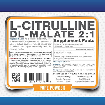 HR Supplements L-Citrulline DL-Malate 2:1 Powder, 500 Grams (1.1 Lbs), Unflavored, Lab-Tested, Scoop Included