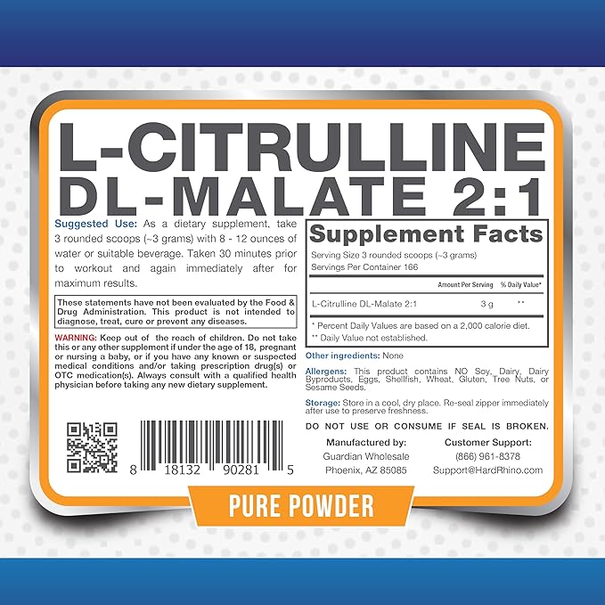 HR Supplements L-Citrulline DL-Malate 2:1 Powder, 1 Kilogram (2.2 Lbs), Unflavored, Lab-Tested, Scoop Included