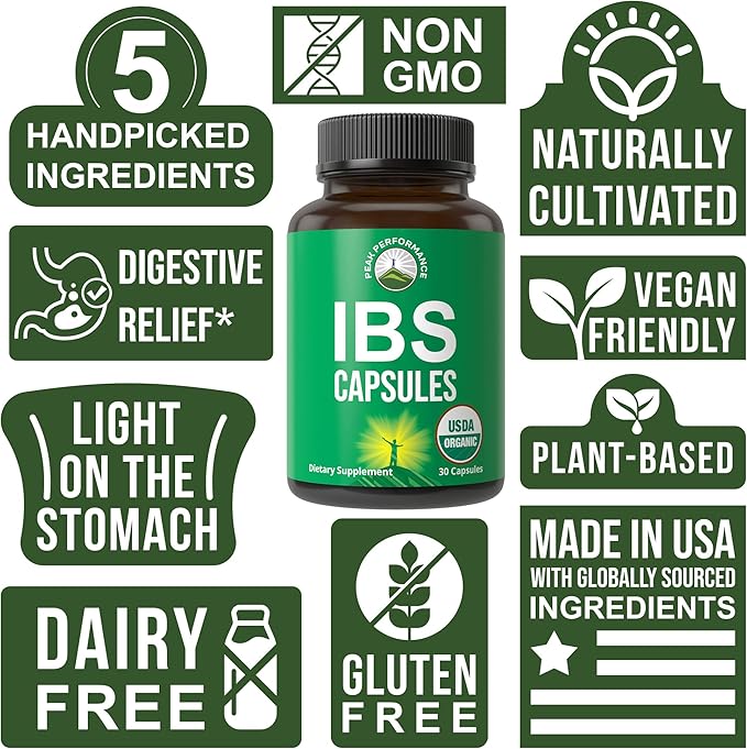 USDA Organic IBS Capsules for Relief, Ingestion, Bloating, Gas. Irritable Bowel Supplement with 5 Handpicked Organic Ingredients. Peppermint Oil, Sea Buckthorn, Fennel Seed, Rosemary Leaf, Basil Leaf