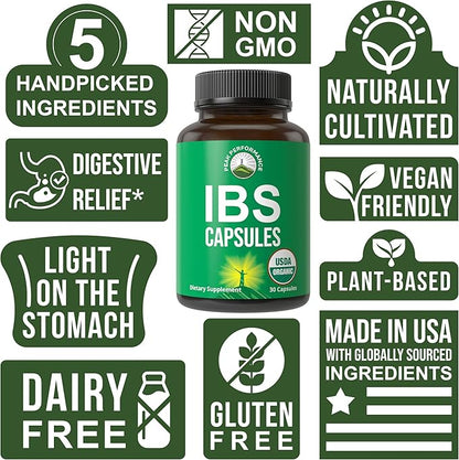 USDA Organic IBS Capsules for Relief, Ingestion, Bloating, Gas. Irritable Bowel Supplement with 5 Handpicked Organic Ingredients. Peppermint Oil, Sea Buckthorn, Fennel Seed, Rosemary Leaf, Basil Leaf