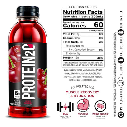 Protein2o 15g Whey Protein Isolate Infused Water, Ready To Drink, Sugar Free, Gluten Free, Lactose Free, No Artificial Sweeteners, Wild Cherry, 16.9 Fl Oz (Pack of 12)