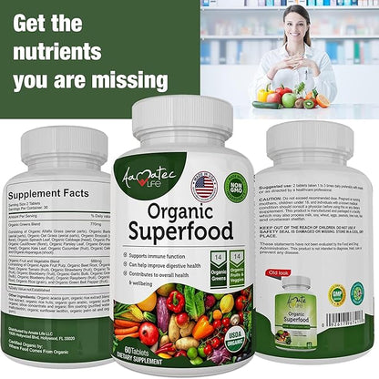 Organic Superfood Greens Fruits and Veggies Complex - Best Dietary Supplement with 14 Greens &14 Fruits & Vegetables with Alfalfa Rich in Antioxidants Organic Ingredients Non-GMO (180 Count Pack of 3)