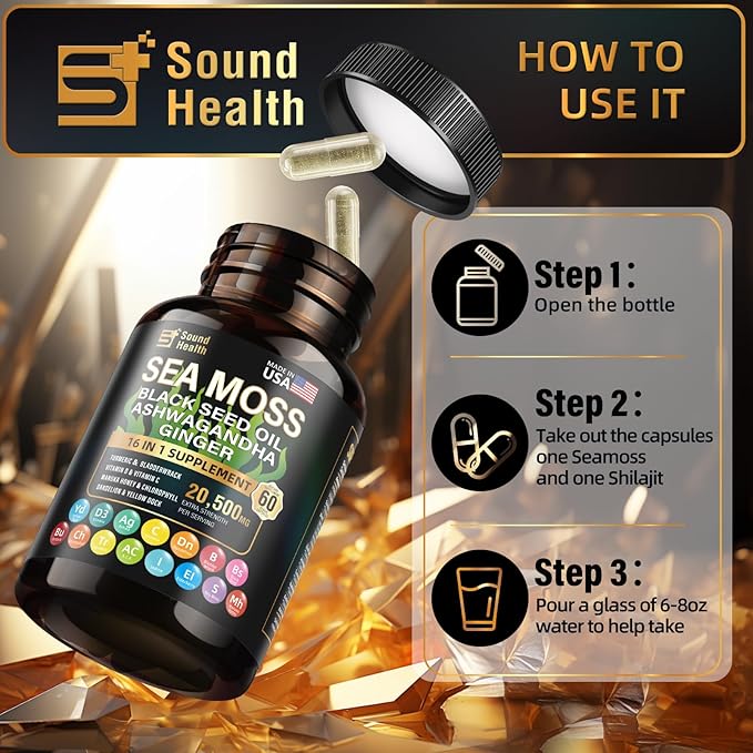 Wild Organic Irish Sea Moss and Shilajit - 8000mg Sea Moss, 10000mg Shilajit, Ashwagandha 2000mg, Ginseng, Vitamin C, Vitamin D3, Black Seed Oil - 2 Bottles of 60 Capsules