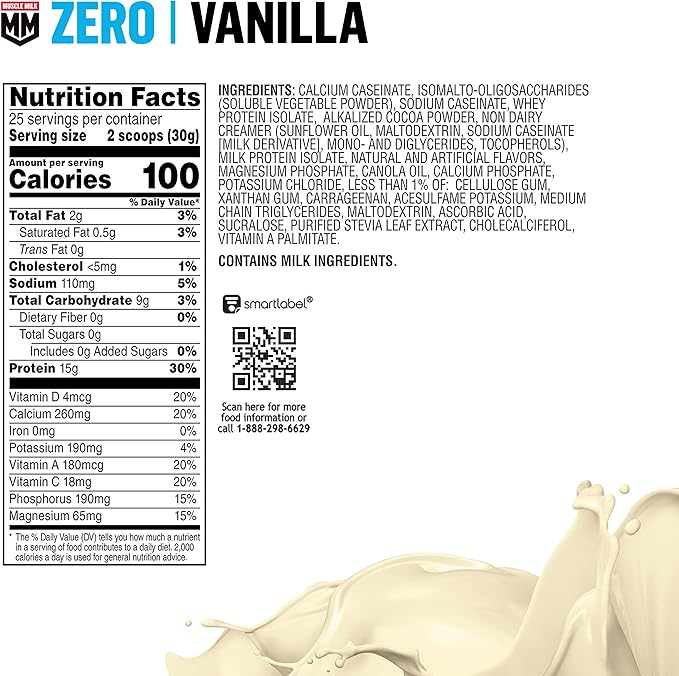 Muscle Milk ZERO, 100 Calorie Protein Powder, Vanilla, 15g Protein, 1.65 Pound, 25 Servings