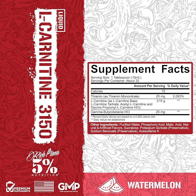 5% Nutrition Rich Piana Liquid L-Carnitine 3150 | Premium 4 Source Blend + GBB, The Super Carnitine (Watermelon Candy)